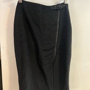 Danier Black/Grey Wool Wrap-Front Pencil Skirt with Leather Accents and Buckle